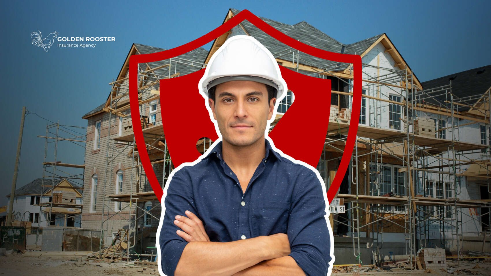 A man wearing a hard hat is positioned in front of a house that is under construction, showcasing ongoing building work.
