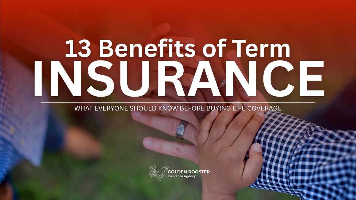 Two women sitting on a couch, discussing the 13 benefits of term insurance, with text overlay highlighting the topic.